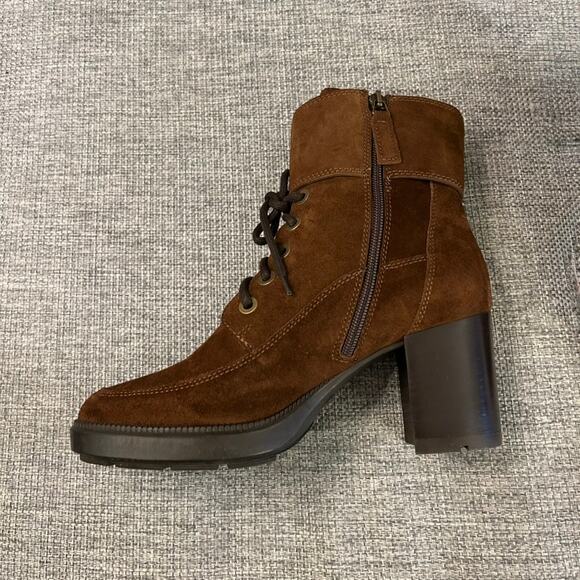 EUC Aquatalia Irene Brown Suede Boots Sz 8.5 Heeled Buckle Lace Up Ankle Booties - Picture 6 of 16